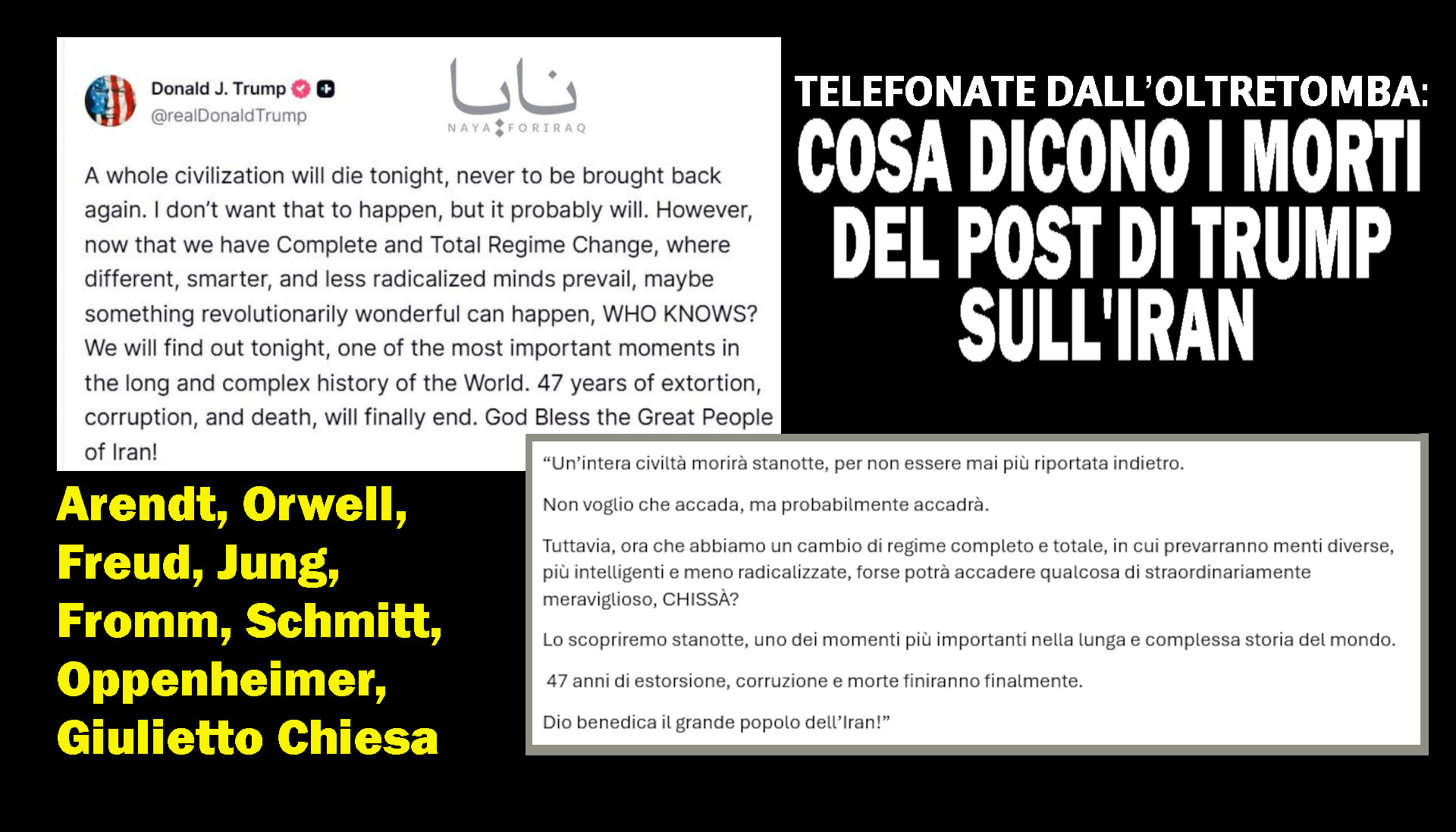 Telefonate dall'Oltretomba: cosa dicono del post di Trump sull'Iran